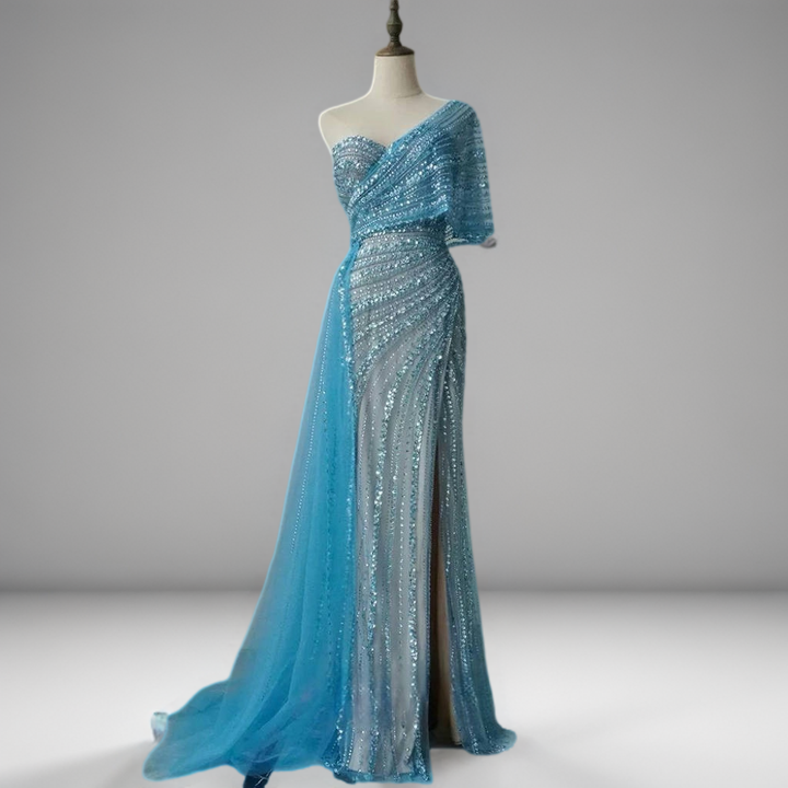 Blue Off-Shoulder Sequin Evening Gown – Sparkly Maxi Dress with Slit and Tulle Train Plus Size