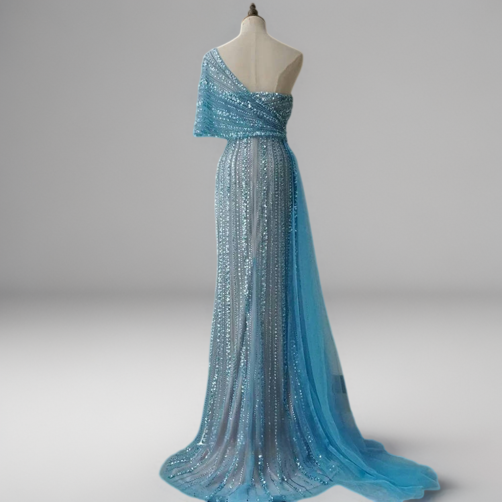 Blue Off-Shoulder Sequin Evening Gown – Sparkly Maxi Dress with Slit and Tulle Train Plus Size