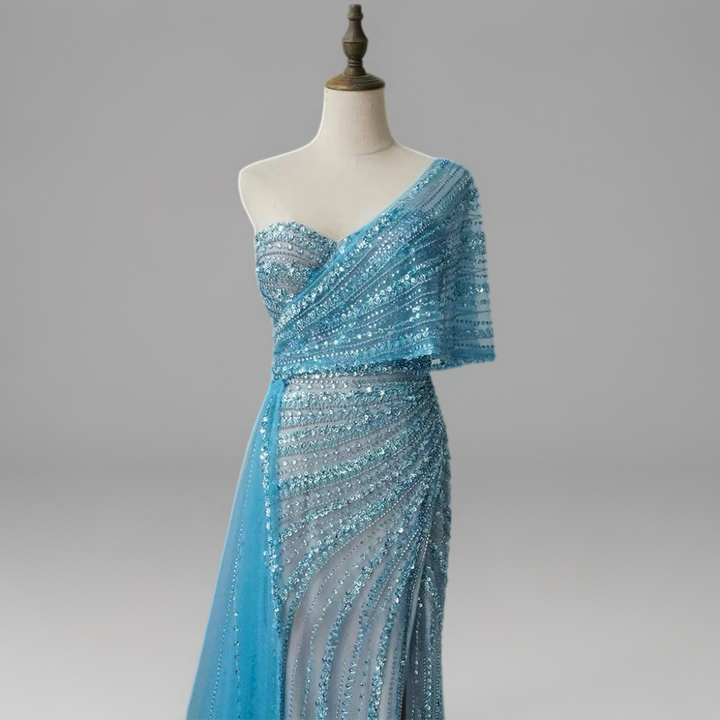 Blue Off-Shoulder Sequin Evening Gown – Sparkly Maxi Dress with Slit and Tulle Train Plus Size