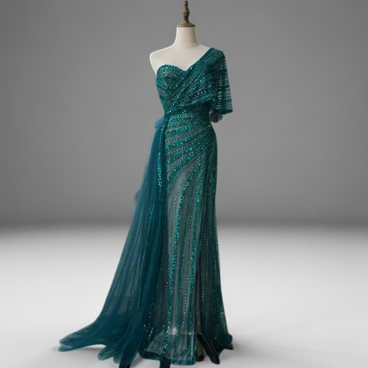 Blue Off-Shoulder Sequin Evening Gown – Sparkly Maxi Dress with Slit and Tulle Train Plus Size