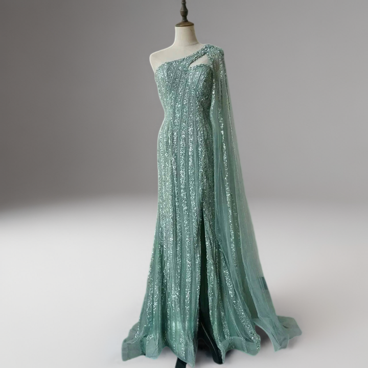 Mint Green One-Shoulder Sequin Evening Gown – Glitter Maxi Dress with Cape Sleeve and Train Plus Size