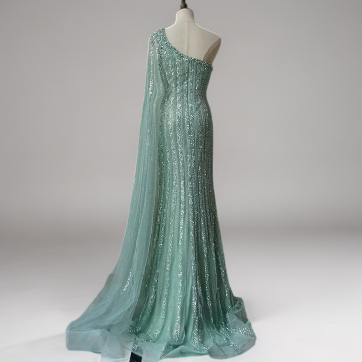 Mint Green One-Shoulder Sequin Evening Gown – Glitter Maxi Dress with Cape Sleeve and Train Plus Size