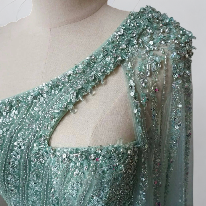 Mint Green One-Shoulder Sequin Evening Gown – Glitter Maxi Dress with Cape Sleeve and Train Plus Size