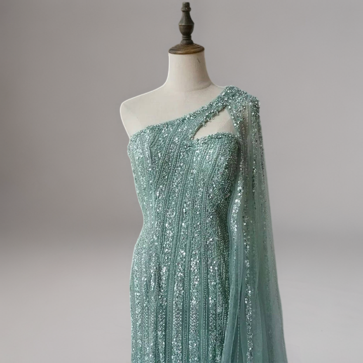 Mint Green One-Shoulder Sequin Evening Gown – Glitter Maxi Dress with Cape Sleeve and Train Plus Size