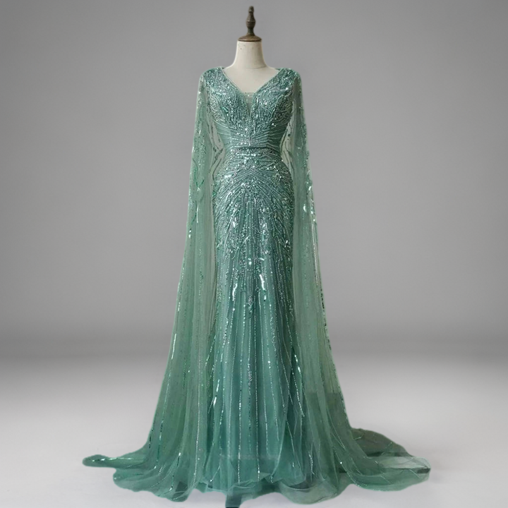 Mint Green Designer Sequin Gown – Sparkly Maxi Dress with Long Sleeves and Train Plus Size
