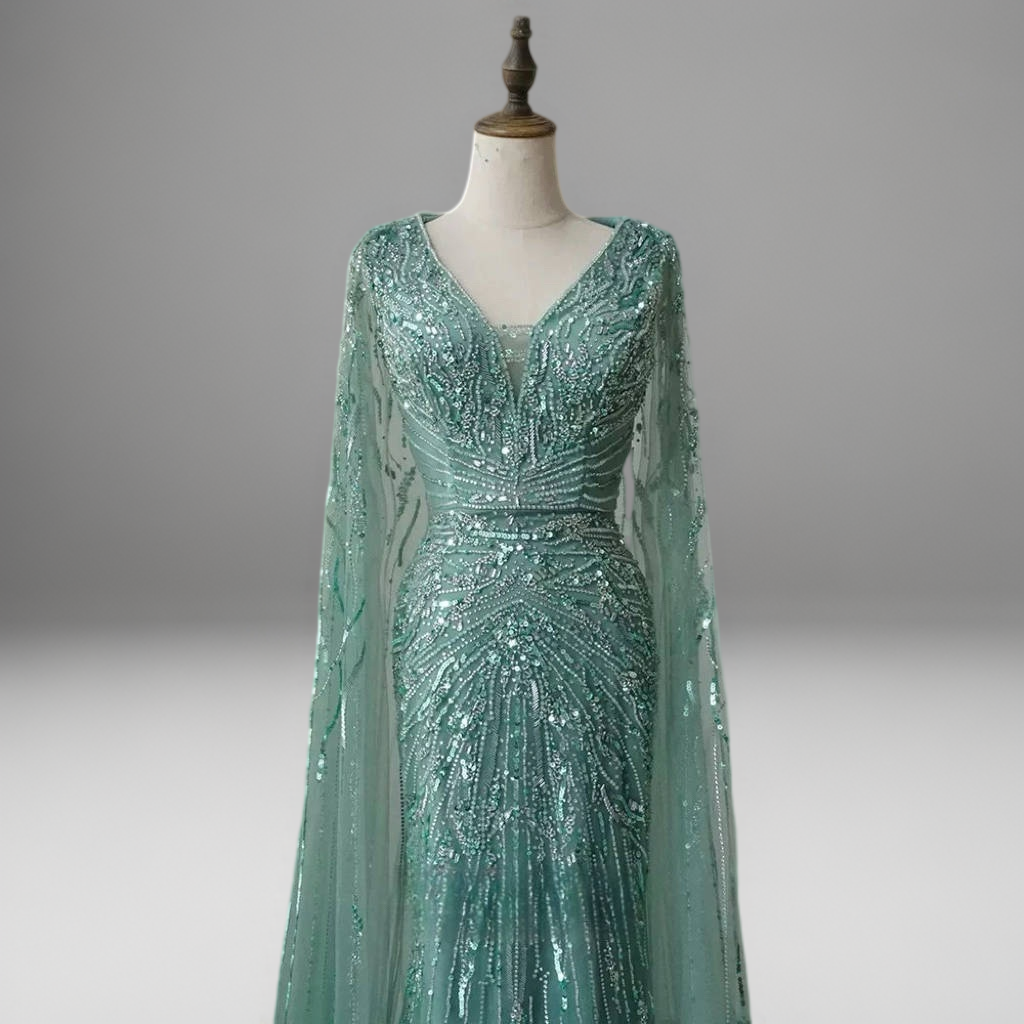 Mint Green Designer Sequin Gown – Sparkly Maxi Dress with Long Sleeves and Train Plus Size