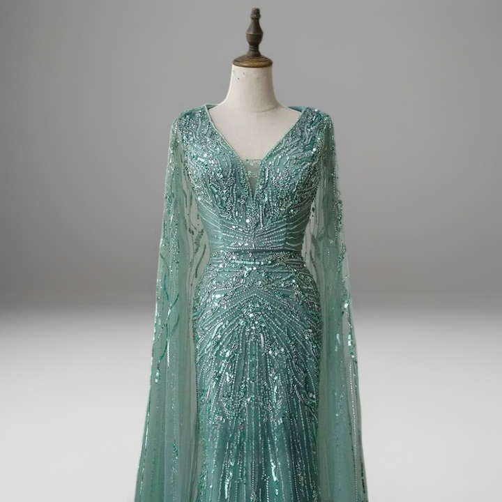 Mint Green Designer Sequin Gown – Sparkly Maxi Dress with Long Sleeves and Train Plus Size
