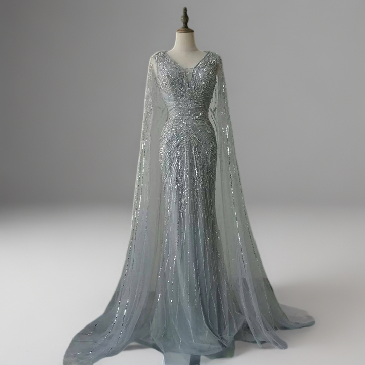 Mint Green Designer Sequin Gown – Sparkly Maxi Dress with Long Sleeves and Train Plus Size