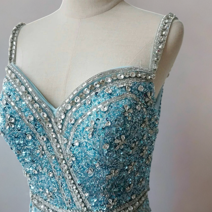 Elegantes Champagner-Abendkleid mit Pailletten und Tüll - Champagner-Kleid für Hochzeitsgäste - Hübsches Paillettenkleid mit langen Ärmeln in Übergröße