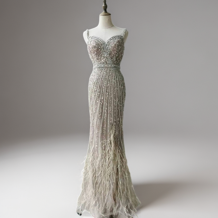 Elegantes Champagner-Abendkleid mit Pailletten und Tüll - Champagner-Kleid für Hochzeitsgäste - Hübsches Paillettenkleid mit langen Ärmeln in Übergröße