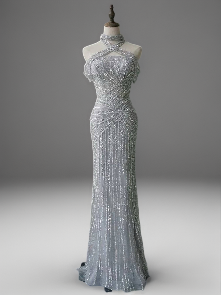 Silver Sequin Evening Gown with Crisscross Halter Neck – Glitter Maxi Dress - Silver Glitter Dress Plus Size