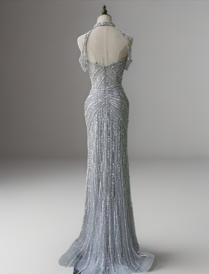 Silver Sequin Evening Gown with Crisscross Halter Neck – Glitter Maxi Dress - Silver Glitter Dress Plus Size