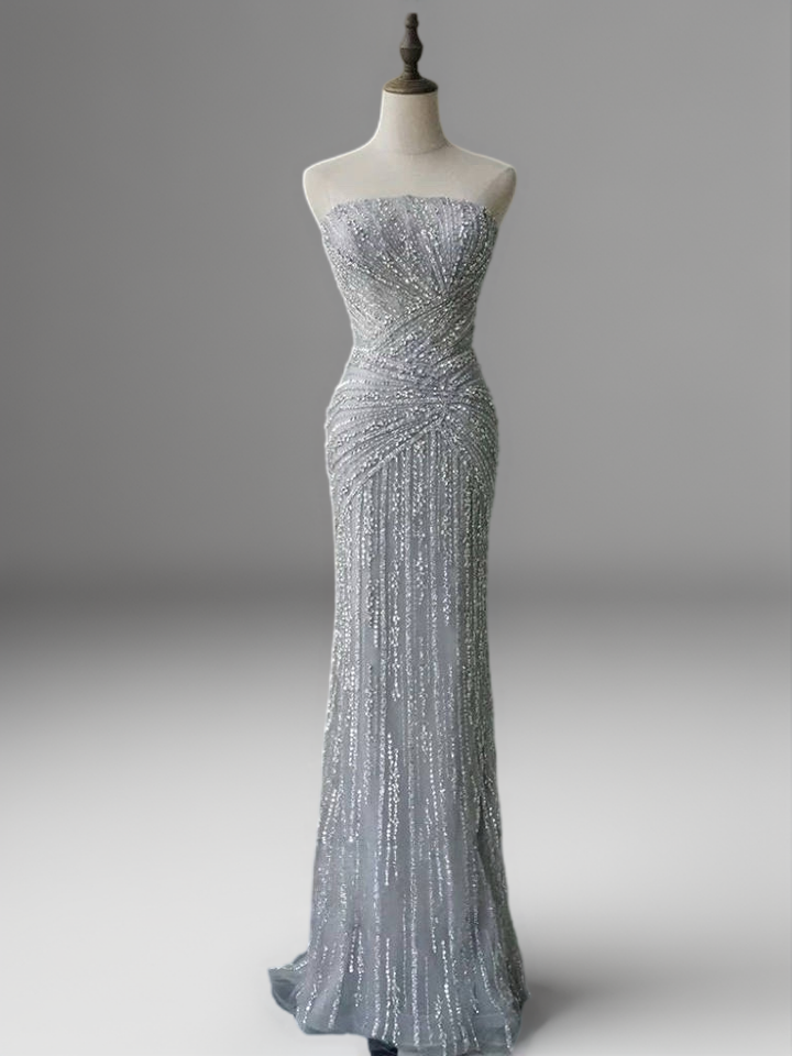 Silver Sequin Evening Gown with Crisscross Halter Neck – Glitter Maxi Dress - Silver Glitter Dress Plus Size