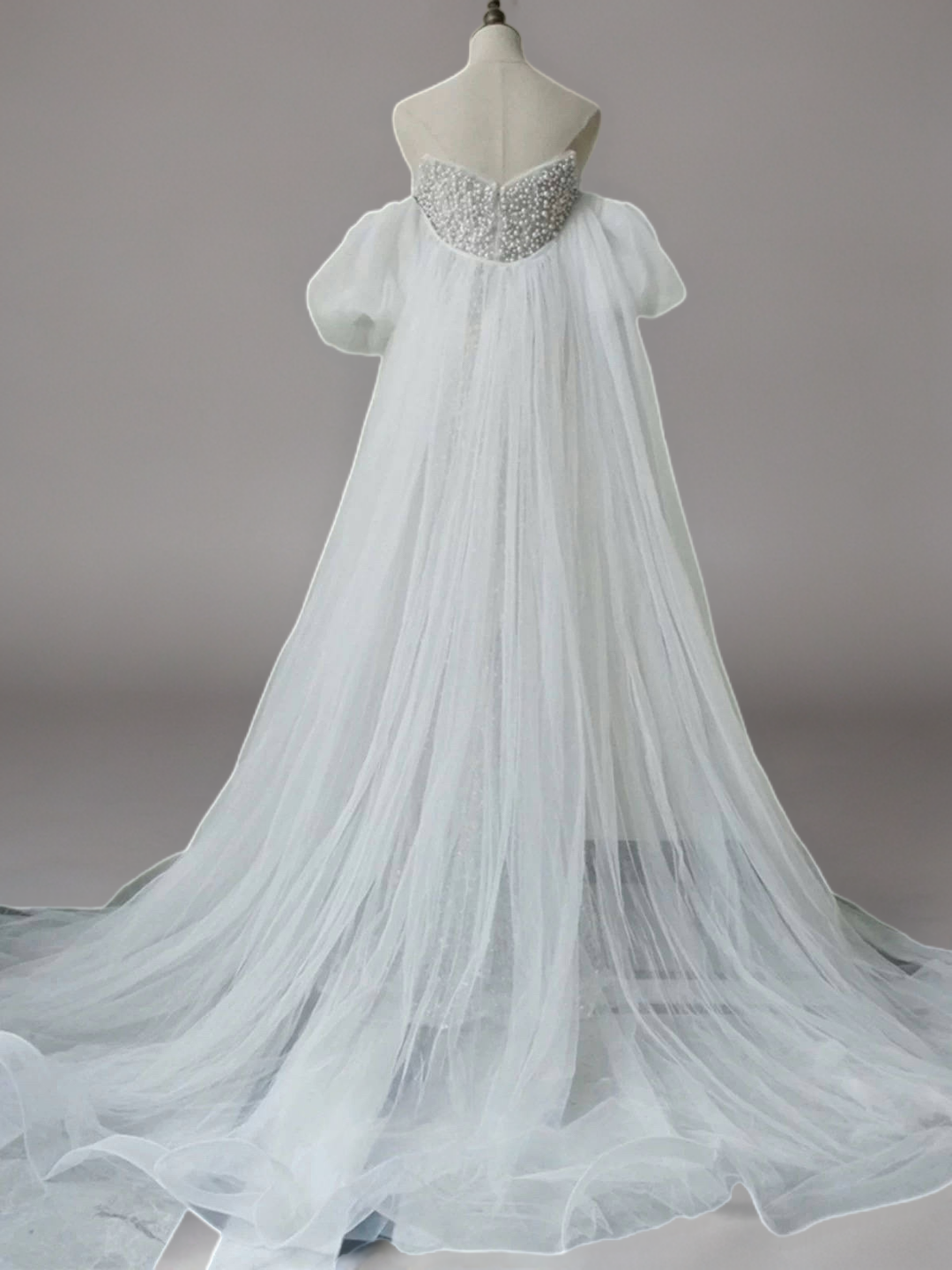 White Sequin Evening Dress with Puffy Sleeves – White Sequin Prom Dress Long with Tulle Overskirt Plus Size