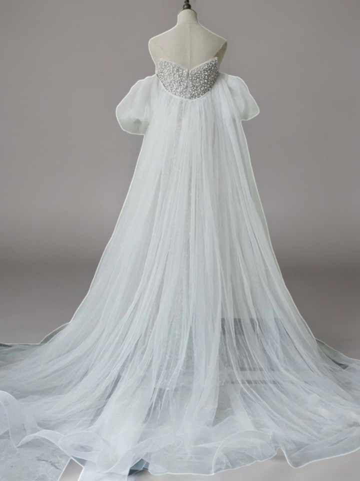 White Sequin Evening Dress with Puffy Sleeves – White Sequin Prom Dress Long with Tulle Overskirt Plus Size