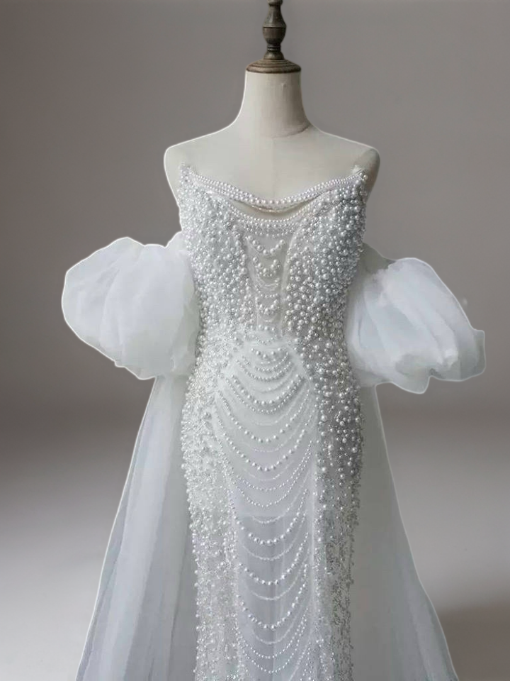 White Sequin Evening Dress with Puffy Sleeves – White Sequin Prom Dress Long with Tulle Overskirt Plus Size