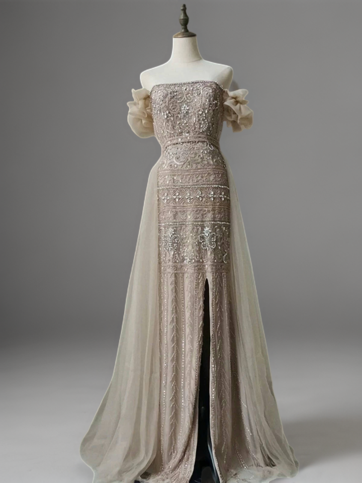 Champagne Off-Shoulder Embellished Gown with Slit – Sparkly Maxi Dress with Tulle Overskirt Plus Size