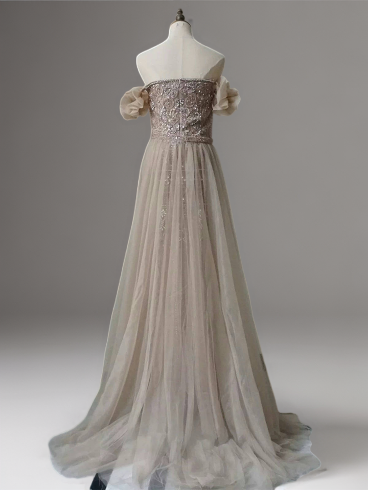 Champagne Off-Shoulder Embellished Gown with Slit – Sparkly Maxi Dress with Tulle Overskirt Plus Size
