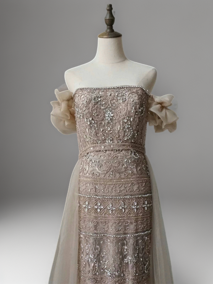 Champagne Off-Shoulder Embellished Gown with Slit – Sparkly Maxi Dress with Tulle Overskirt Plus Size