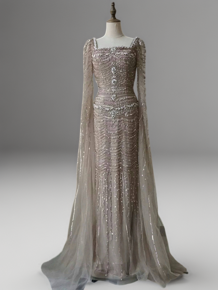 Champagne Embellished Gown with Long Cape Sleeves – Sparkly Maxi Dress with Square Neckline Plus Size