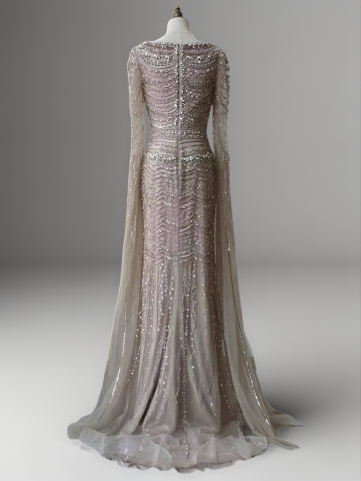 Champagne Embellished Gown with Long Cape Sleeves – Sparkly Maxi Dress with Square Neckline Plus Size
