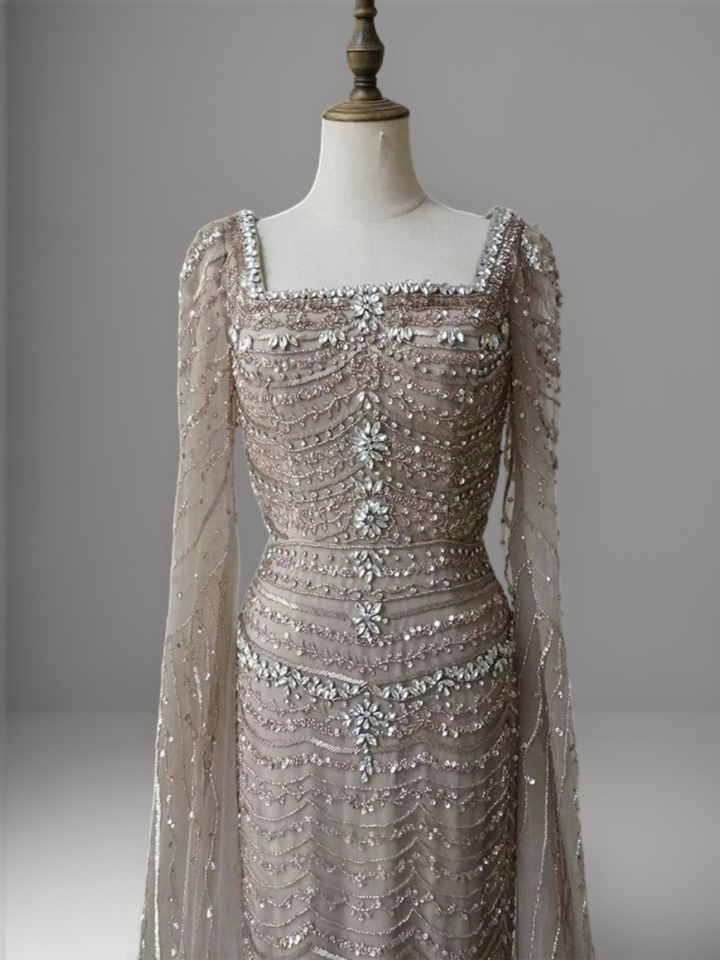 Champagne Embellished Gown with Long Cape Sleeves – Sparkly Maxi Dress with Square Neckline Plus Size
