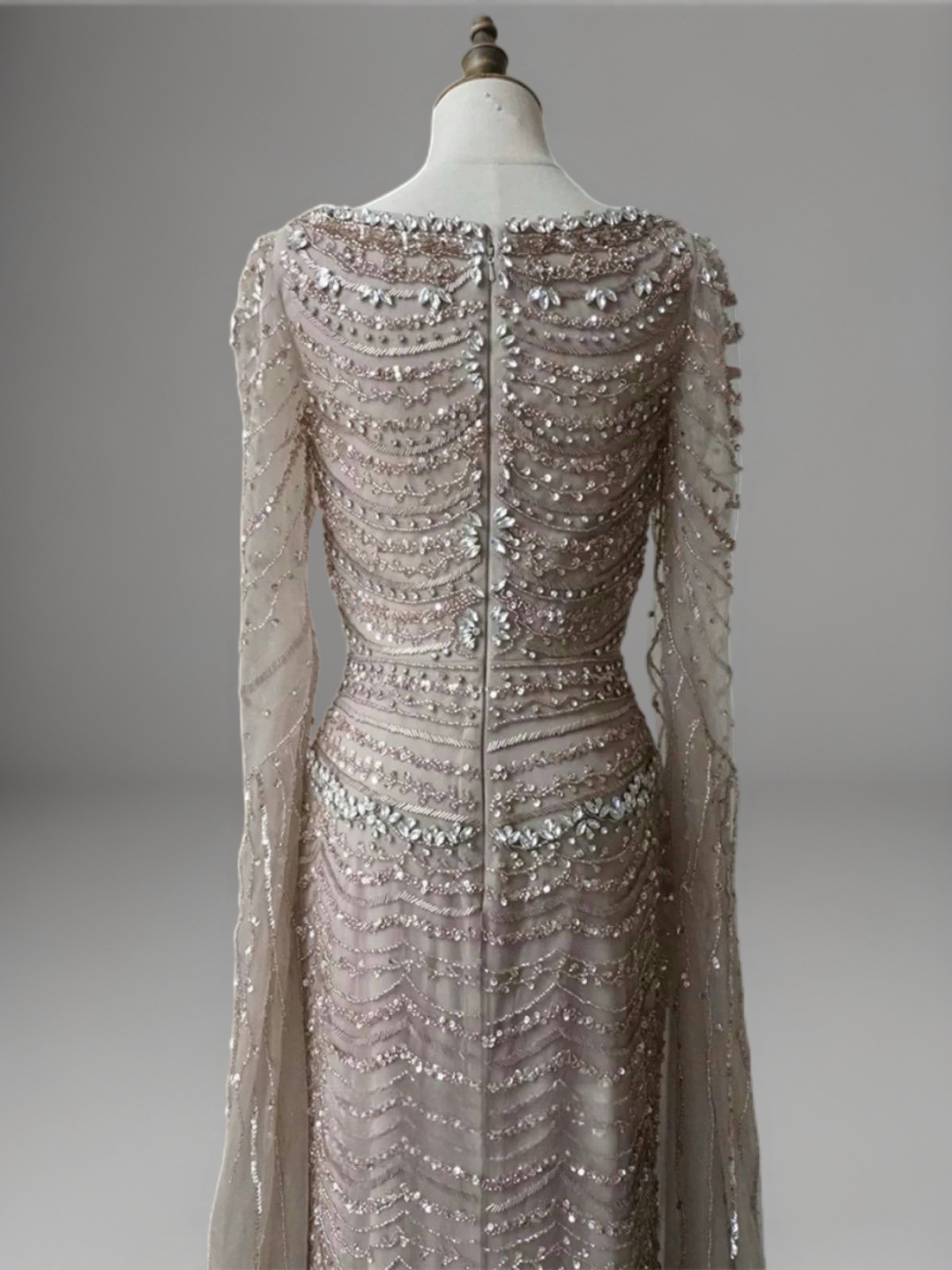 Champagne Embellished Gown with Long Cape Sleeves – Sparkly Maxi Dress with Square Neckline Plus Size