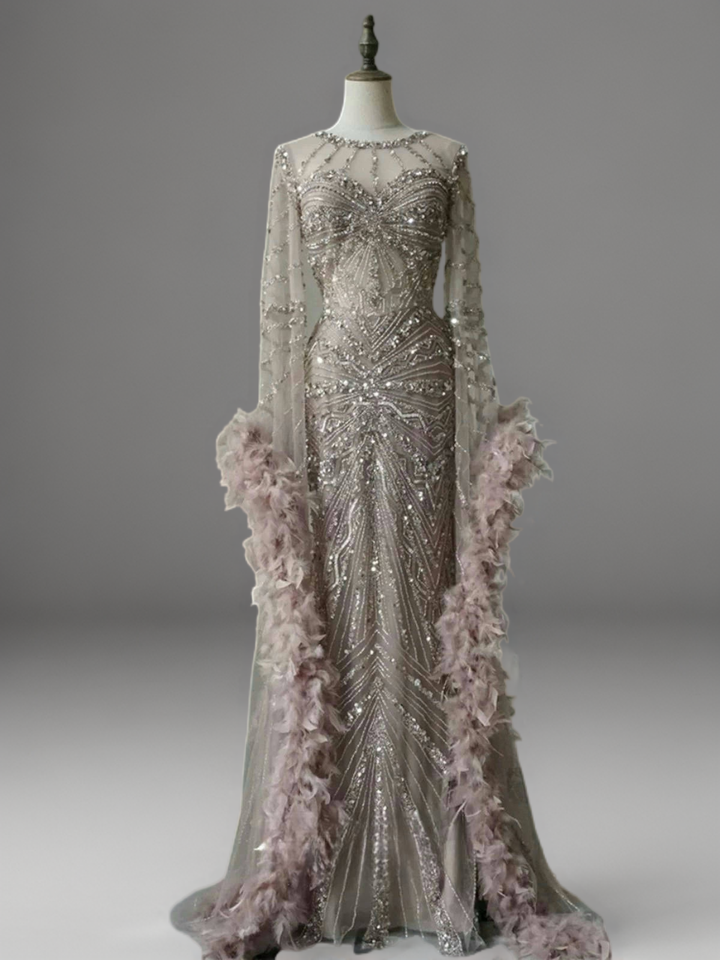 Champagne Sequin and Feather Dress – Designer Sequin Gown with Long Sleeves and Train Plus Size