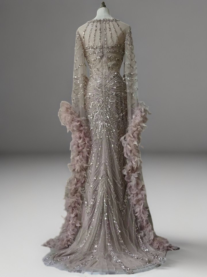 Champagne Sequin and Feather Dress – Designer Sequin Gown with Long Sleeves and Train Plus Size