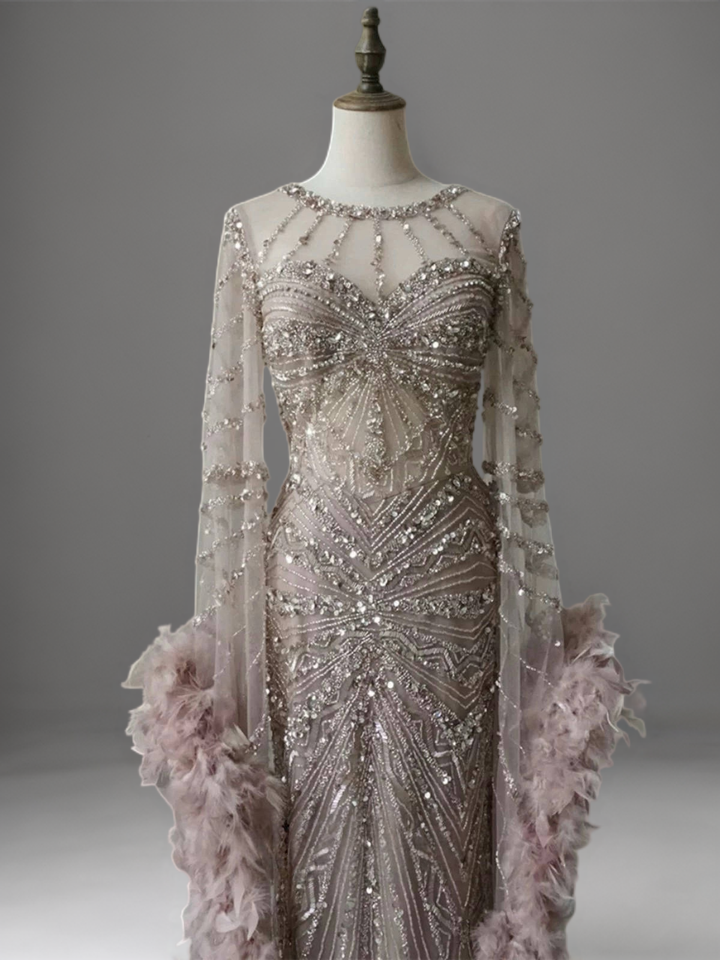 Champagne Sequin and Feather Dress – Designer Sequin Gown with Long Sleeves and Train Plus Size