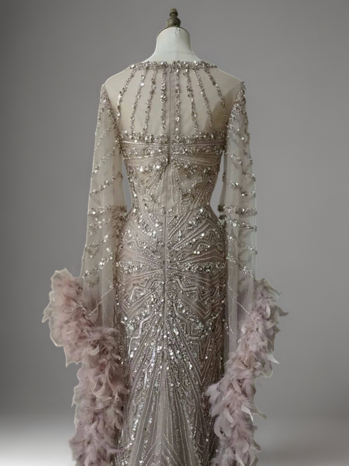 Champagne Sequin and Feather Dress – Designer Sequin Gown with Long Sleeves and Train Plus Size