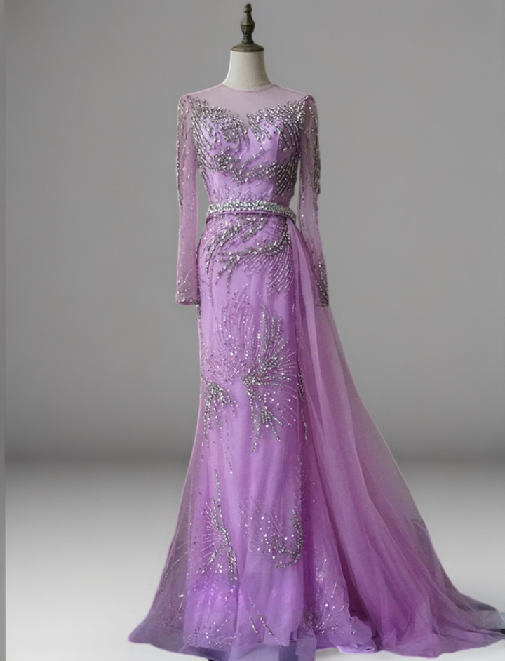 Purple Sequin Evening Gown with Long Sleeves – Embellished Gown with Train and Belt Plus Size