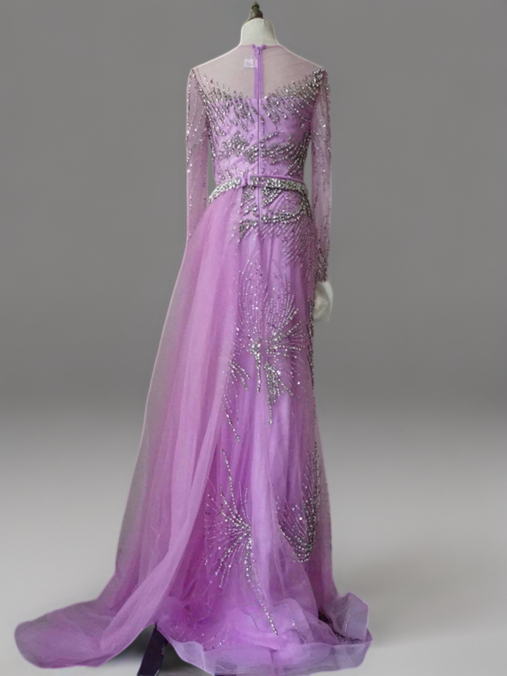 Purple Sequin Evening Gown with Long Sleeves – Embellished Gown with Train and Belt Plus Size