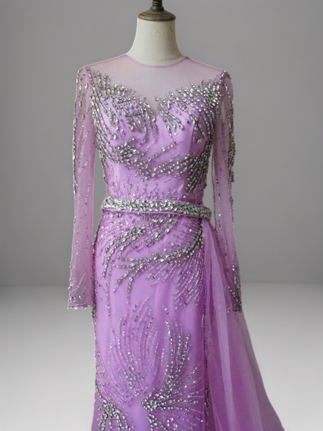 Purple Sequin Evening Gown with Long Sleeves – Embellished Gown with Train and Belt Plus Size