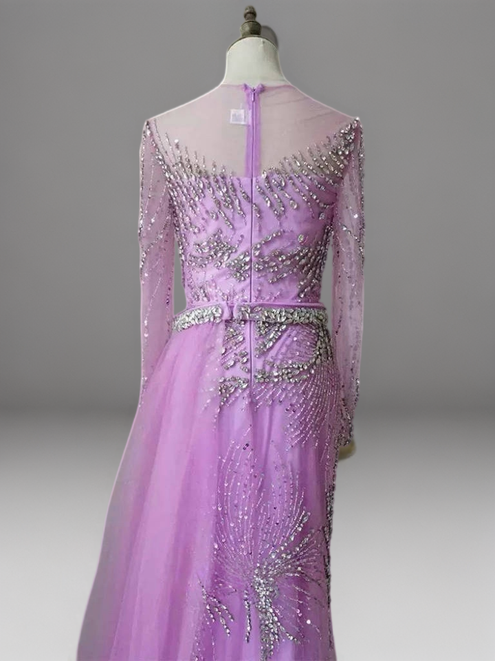 Purple Sequin Evening Gown with Long Sleeves – Embellished Gown with Train and Belt Plus Size