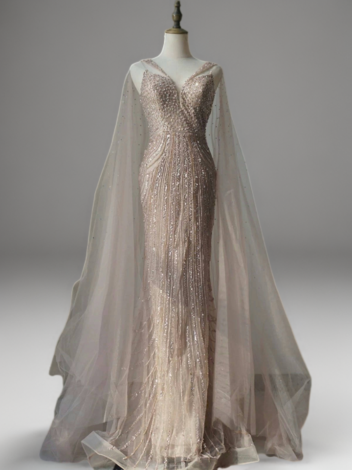Champagne Designer Sequin Gown with Beaded Cape – Champagne Dress for Wedding Guest or Formal Gala Plus Size