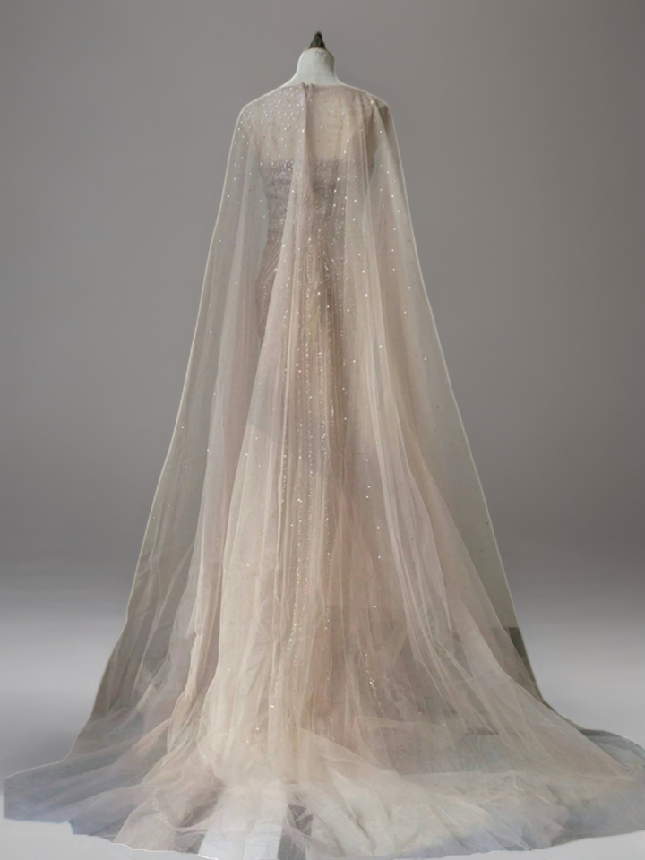 Champagne Designer Sequin Gown with Beaded Cape – Champagne Dress for Wedding Guest or Formal Gala Plus Size
