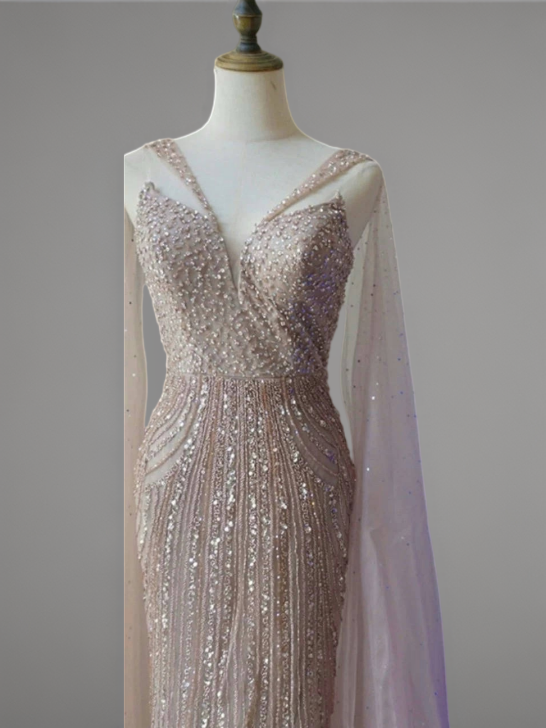 Champagne Designer Sequin Gown with Beaded Cape – Champagne Dress for Wedding Guest or Formal Gala Plus Size