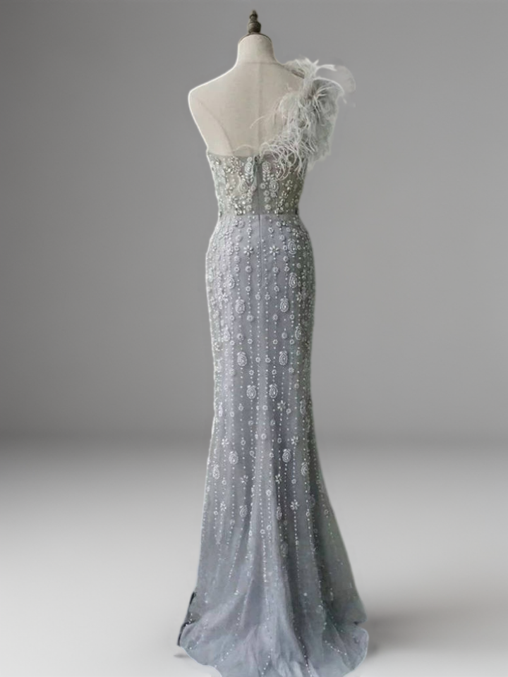 Silver Sequin and Feather Dress – One Shoulder Embellished Gown with Slit Plus Size