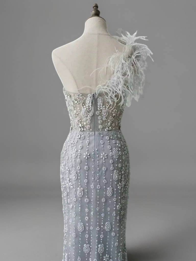Silver Sequin and Feather Dress – One Shoulder Embellished Gown with Slit Plus Size