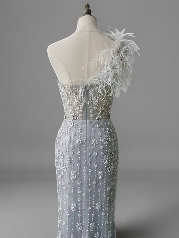 Silver Sequin and Feather Dress – One Shoulder Embellished Gown with Slit Plus Size