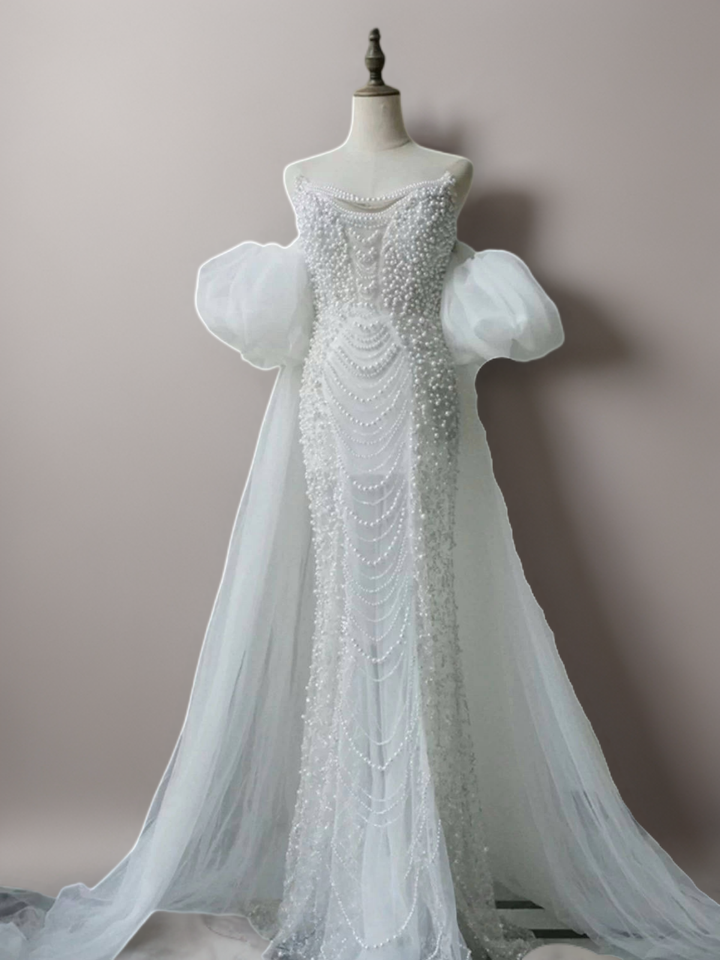 White Sequin Evening Dress with Puffy Sleeves – White Sequin Prom Dress Long with Tulle Overskirt Plus Size