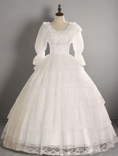 Lace Wedding Dress with Long Sleeves and Corset – Ruffle Layered Wedding Dress with Puff Sleeves Plus Size
