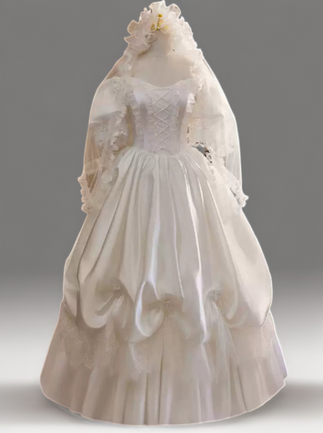 White Satin Wedding Dress with Puff Sleeve –  Lace Wedding Gown Off Shoulder with Ruched Skirt and Corset Plus Size