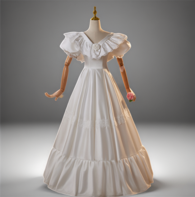 Retro Wedding Dress with Puff Sleeves – Simple Satin Wedding Dress with Ruffle Neckline Plus Size