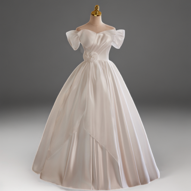 White Off the Shoulder Wedding Dress with Puff Sleeves – Simple Satin Wedding Dress with Floral Detail Plus Size