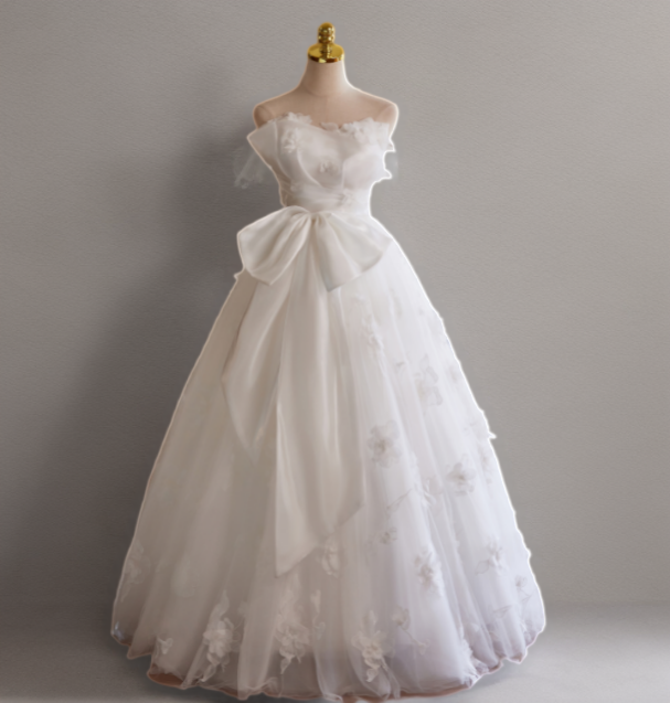 White Floral Wedding Dress with Bow – Ball Gown Wedding Dresses Princess with Strapless - Fairytale Wedding Dress Plus Size