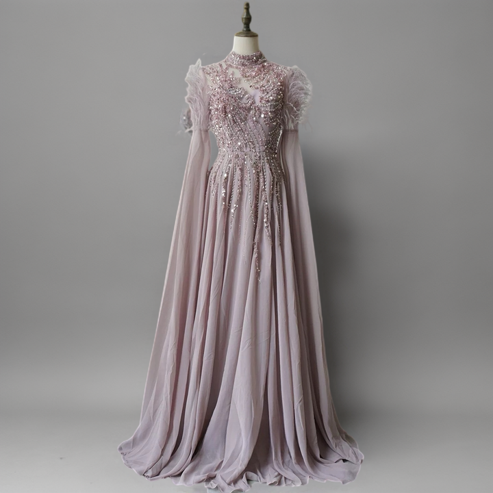 Rose Pink Sequin Evening Gown - Sequin and Feather Dress – Embellished Gown with Feather Shoulders Plus Size