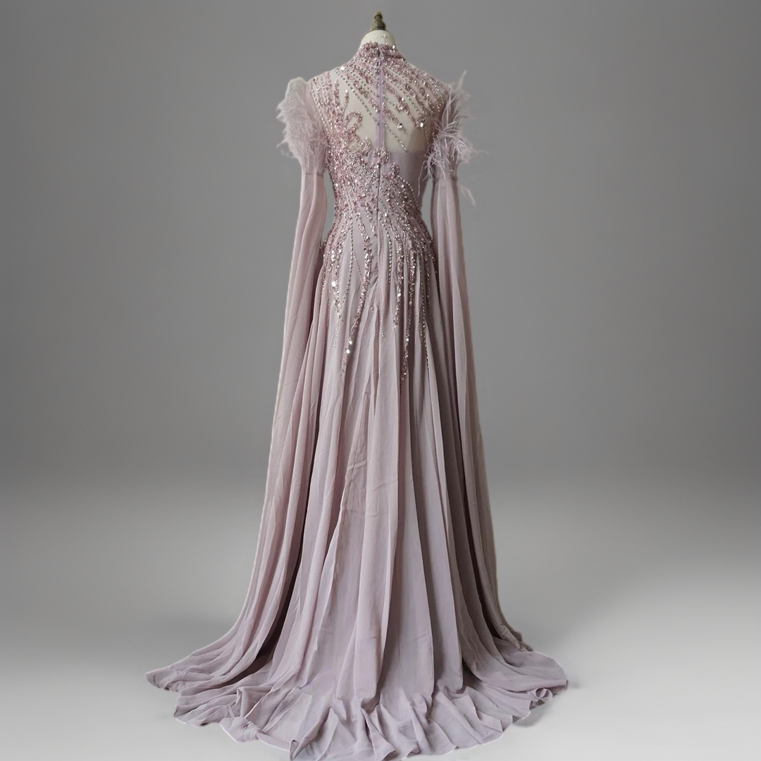 Rose Pink Sequin Evening Gown - Sequin and Feather Dress – Embellished Gown with Feather Shoulders Plus Size
