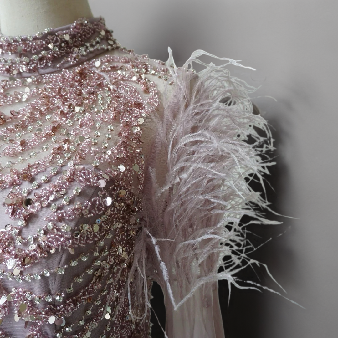 Rose Pink Sequin Evening Gown - Sequin and Feather Dress – Embellished Gown with Feather Shoulders Plus Size
